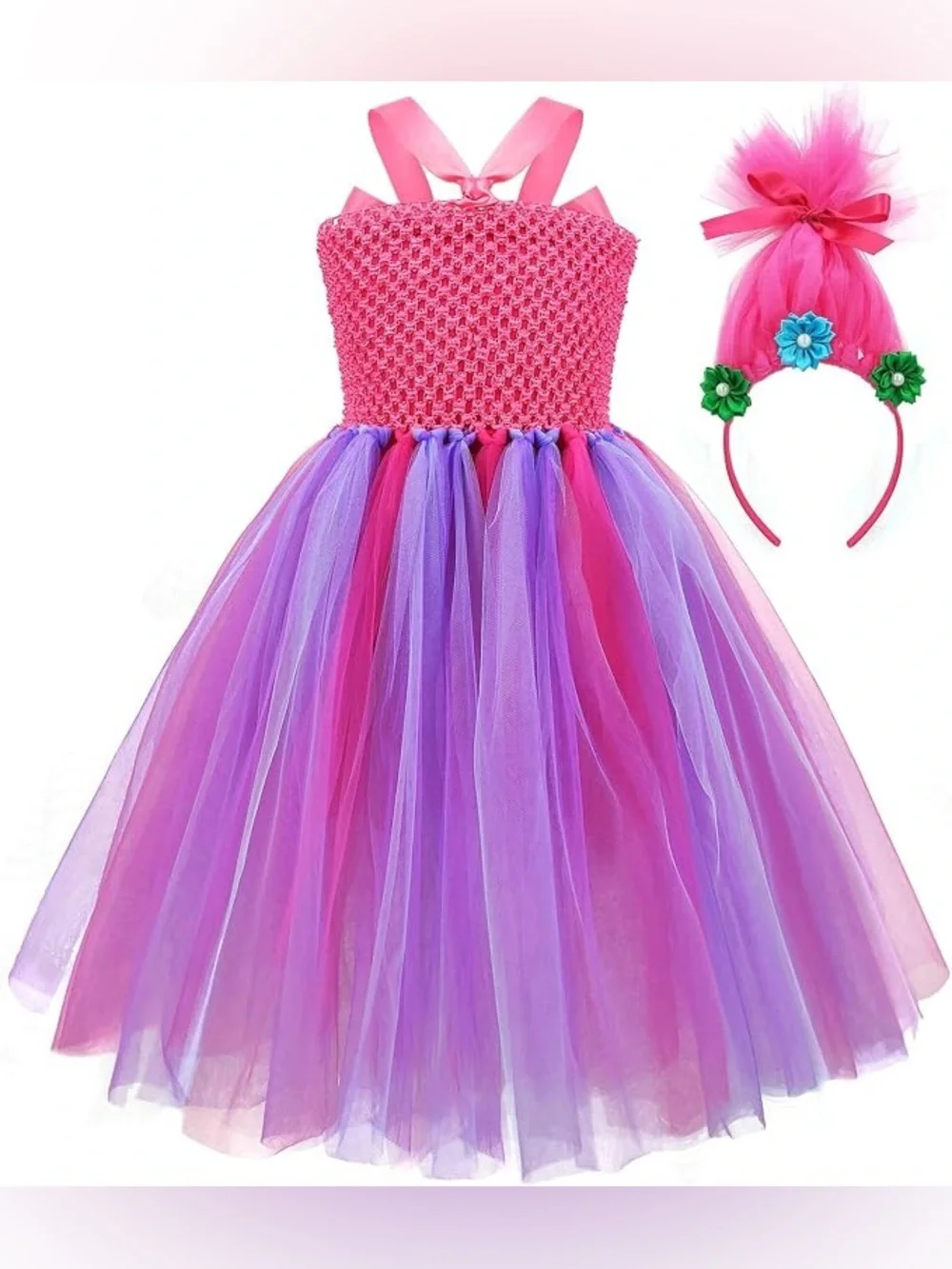 Trolls pink purple poppy Costume cosplay tulle Dress Headband Child Size 4-5